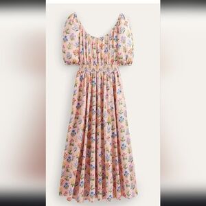 Boden Pink Floral Puff-Sleeve Midi Dress